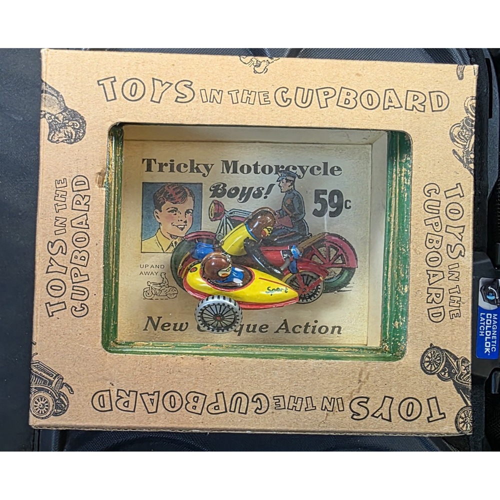 Vintage Toys In The Cupboard Vandor Tricky Motorcycle Tin Litho Shadow Box Art - Picture 1 of 3